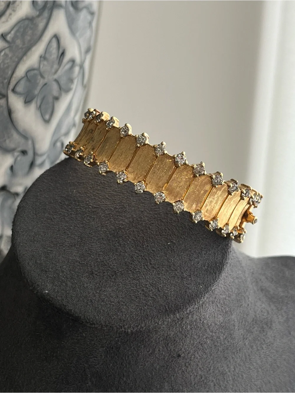 Vintage Joseph Mazer 40s Jomaz Rhinestone Tip Brushed Gold Cuff Bangle Bracele